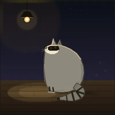 A very round raccoon sits on porch boards at night beneath a hanging porch light, masked face turned up toward the glow, pale hands resting in the pool of lamplight