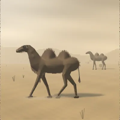 Two bactrian camels in warm dust haze, the near one walking toward the viewer with two shaggy humps and a raised muzzle, a second camel behind it reduced to a soft silhouette