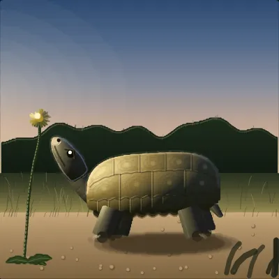 A tortoise on a dry path in late afternoon light, neck stretched up and to the left toward a dandelion just out of reach, its domed shell covered in a mosaic of raised horn-gold plates