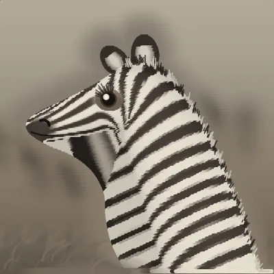 A plains zebra's head and neck at close range, its stripes crowding together toward the muzzle, standing in warm hazy dust with the blurred shapes of more zebras behind it