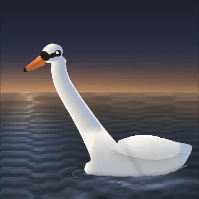 A mute swan in profile on still dark water at dusk, its neck in a full S curve, a low orange sunset band behind it and a corridor of glitter running across the water toward the viewer