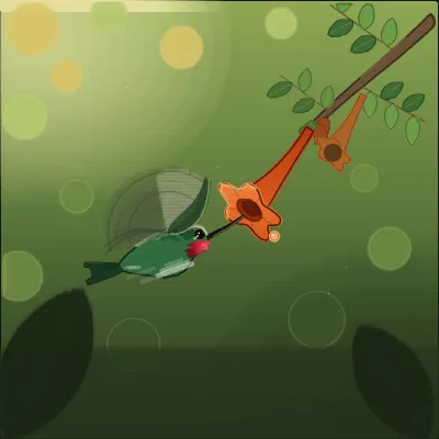 A ruby-throated hummingbird at an orange trumpet vine blossom, bill in the flower's throat, against a garden blurred into soft circles of light