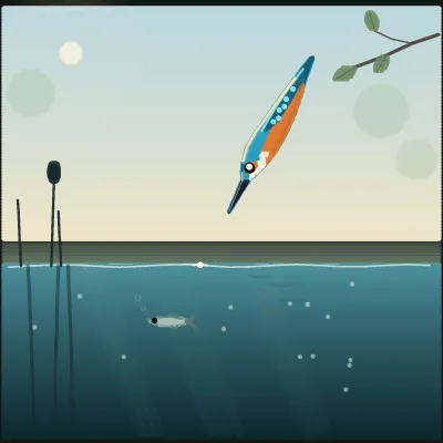 A kingfisher with an azure back and orange breast dives like a dart toward a glassy river, beak aimed at a small fish drifting unaware below the surface