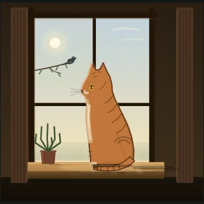 A ginger tabby cat sits on a sunlit windowsill, amber eye fixed on a small bird perched on a branch just outside the glass