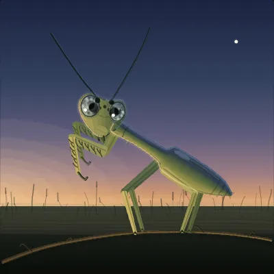 A green praying mantis standing on a dry grass stalk in a meadow after sunset, head turned to face the viewer, its long folded wing case forming the largest shape in the frame