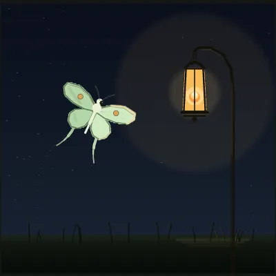 A pale green luna moth with long trailing hindwing tails banks toward a glowing hanging lantern in a dark meadow, an amber halo fused around the flame