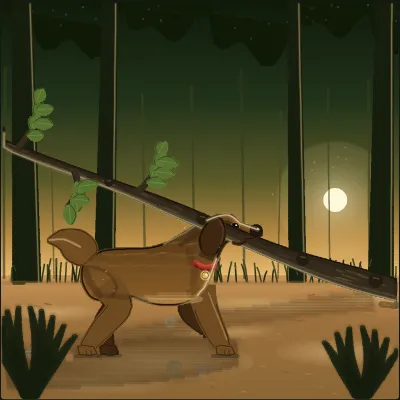 A dog crossing a woodland clearing on top of a fallen branch that reaches corner to corner on Grovetracks