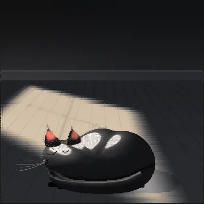 A black cat curled asleep in a patch of window light on a waxed board floor, ears up and tail wrapped around its front, a bright sheen running along its back and the room behind it going dark