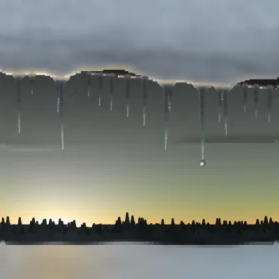 Seventeen icicles of different lengths hanging from the snow covered eave of a building against a cold violet dusk, with a black conifer ridge below