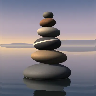 A cairn of stacked, warm-toned stones holding steady beside a lake at dusk on Grovetracks