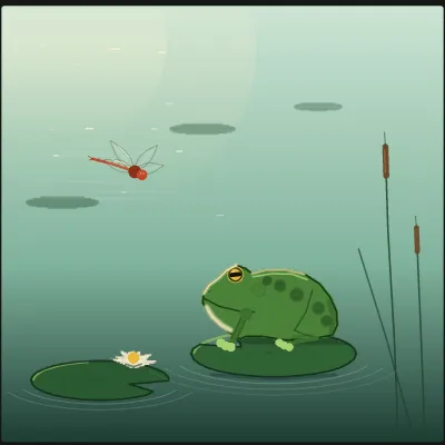 A green frog sits perfectly still on a lily pad, gold eye locked on an ember-orange dragonfly hovering just out of reach in the bright summer air