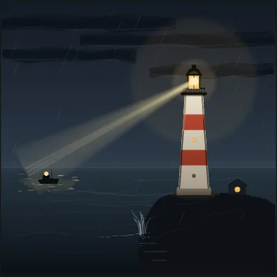A white lighthouse with red bands stands on a rocky headland in night rain, its amber beam fanning across dark water to light a small fishing boat